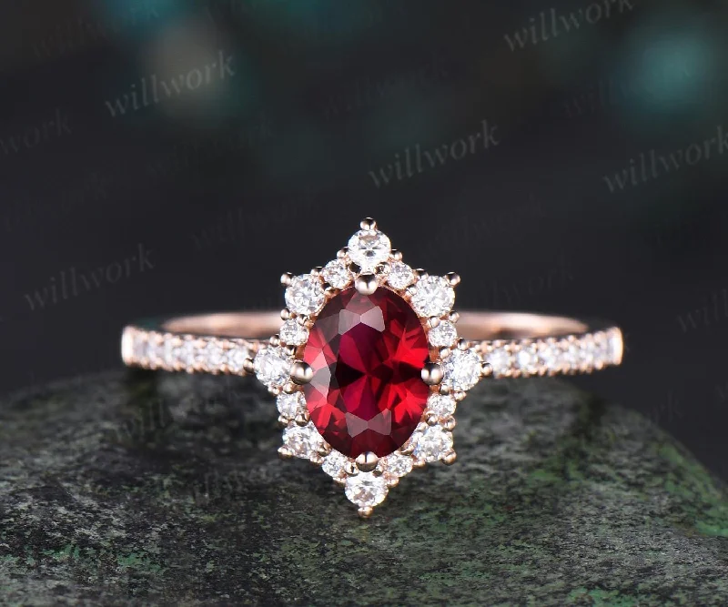 1ct oval cut red ruby engagement ring snowdrift halo diamond 14k rose gold ring women half eternity unique anniversary ring gift