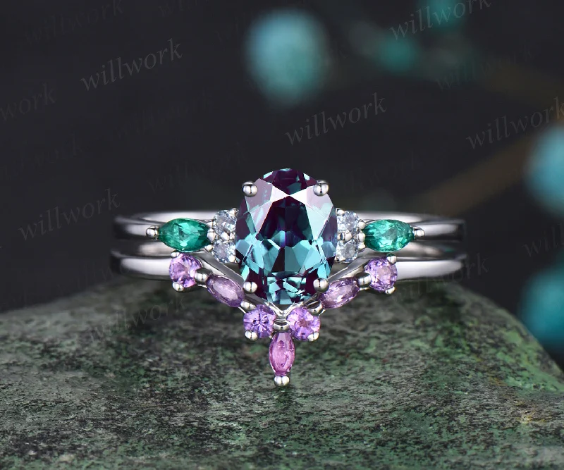 June Birthstone Oval Cut Alexandrite Engagement Ring Set Unique Emerald Amethyst Seven Stone Ring 14k White Gold 2pcs Bridal Ring Set