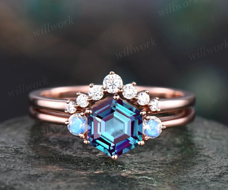 Unique Alexandrite moonstone engagement ring set rose gold hexagon cut ring three stone minimalist ring moissanite bridal ring set women