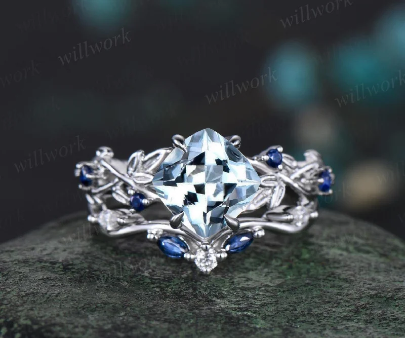 Cushion cut aquamarine engagement ring set vintage vine leaf five stone natural sapphire ring women unique wedding promise ring set jewelry