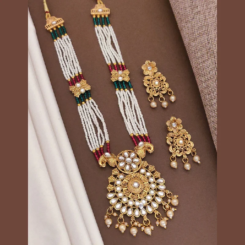 Akruti Collection Gold Plated Pota Stone And Pearls Long Necklace Set