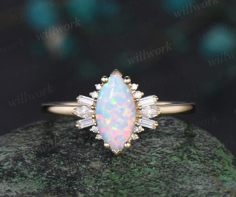 Marquise white opal engagement ring solid 14k yellow gold cluster Baguette cut moissanite wedding anniversary ring women gift