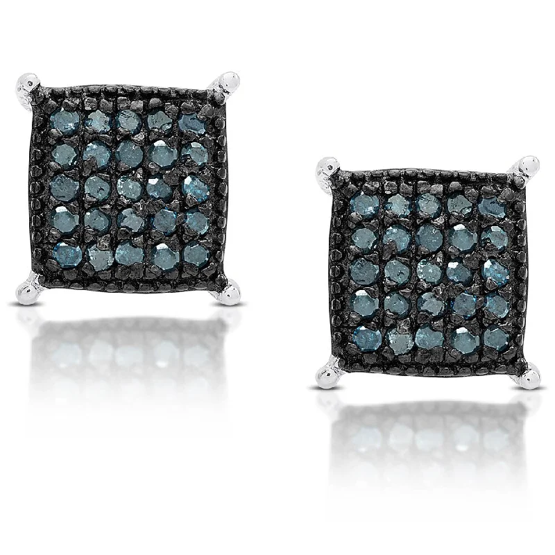 Finesque Sterling Silver 1/2 ct TDW Blue Diamond Square Stud Earrings