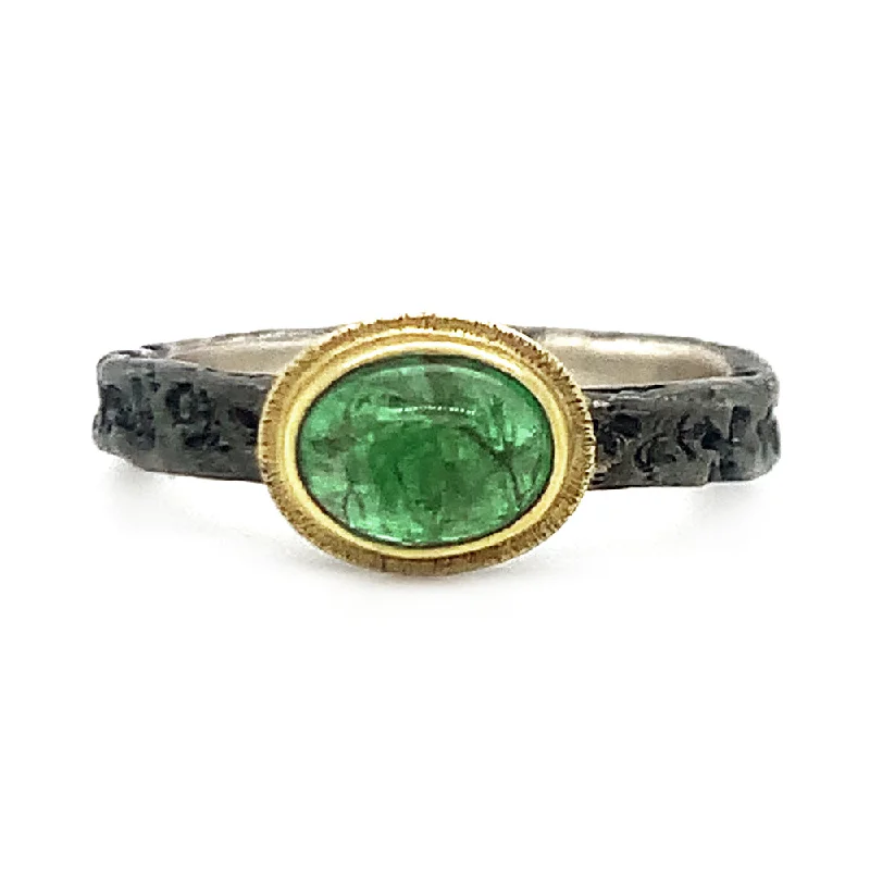 Yellow Gold and Sterling Silver Emerald Ring - "Fern Allure"