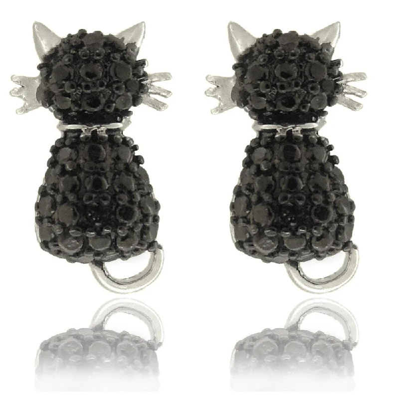 Finesque Silverplated Black Diamond Accent Cat Stud Earrings