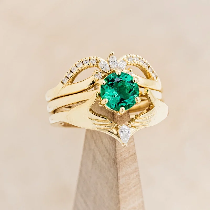 CLADDAGH BRIDAL SUITE - ROUND CUT LAB-GROWN EMERALD SOLITAIRE ENGAGEMENT RING WITH DIAMOND ACCENTS TRACER & CLADDAGH TRACER