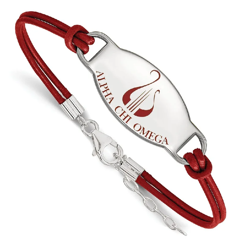 Sterling Silver Alpha Chi Omega Enamel Red Leather Bracelet - 7 in.