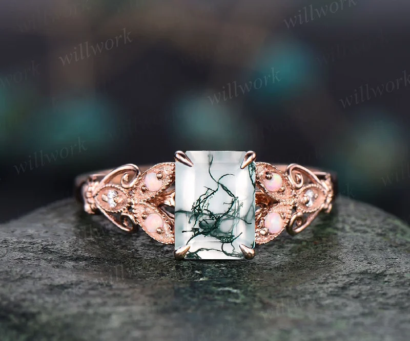 Vintage emerald cut green moss agate engagement ring 14k rose gold butterfly flower milgrain opal diamond ring unique wedding ring for women