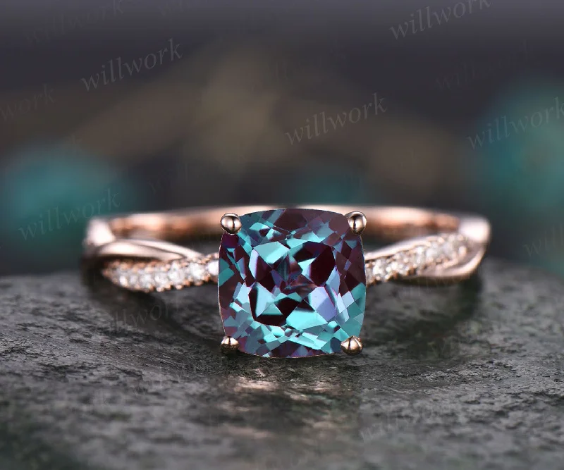 Cushion Alexandrite bridal ring vintage Alexandrite engagement ring rose gold ring for women infinity diamond ring color change stone ring