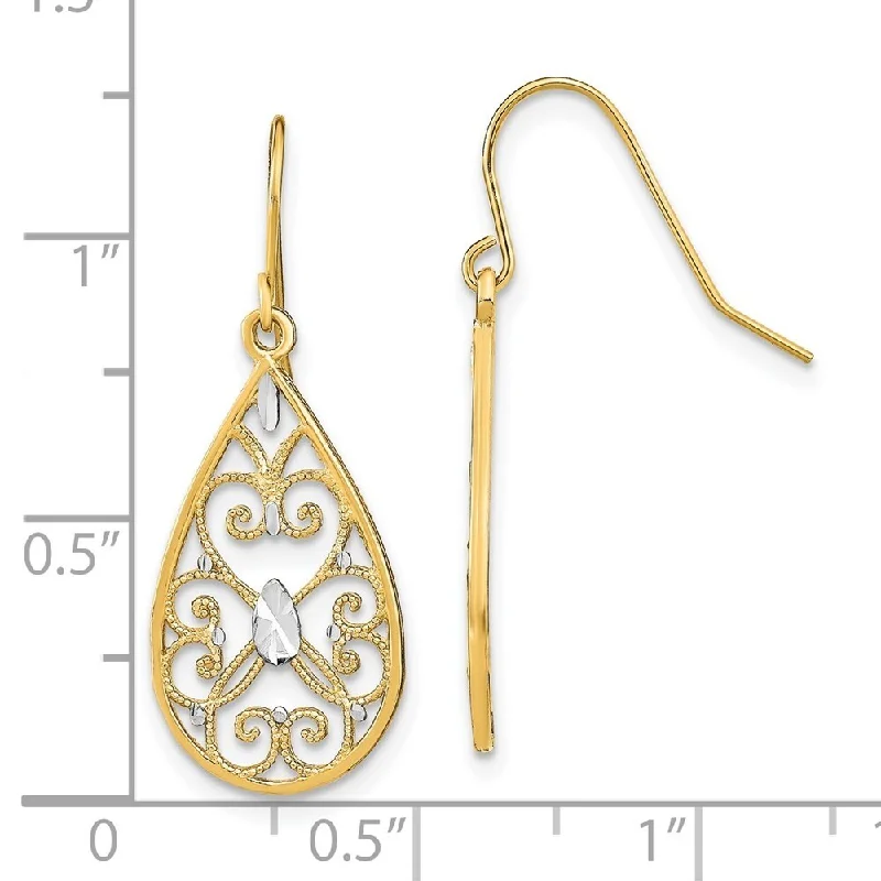 Diamond2Deal 14K Yellow Gold and Rhodium Fancy Dangle Wire Earrings (L-31 mm, W-11 mm)