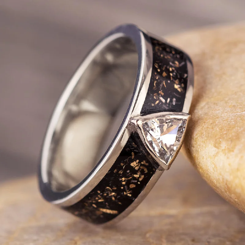 Trillion Cut White Sapphire Engagement Ring with Black Stardust™