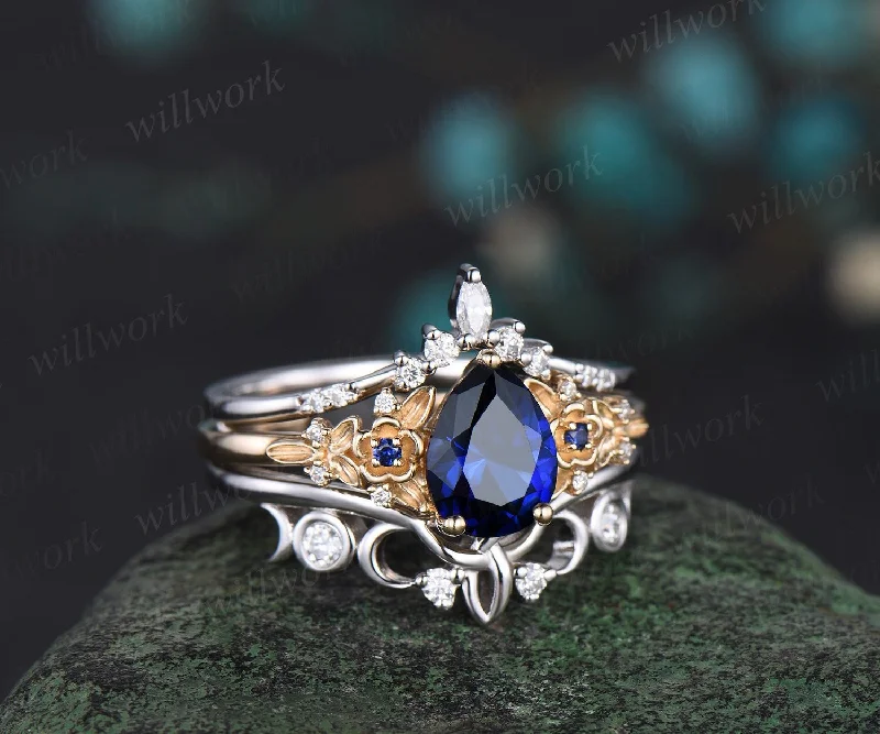 Pear shaped blue sapphire engagement ring leaf floral cluster diamond ring yellow gold wedding band enhancer bridal ring set women gemstone