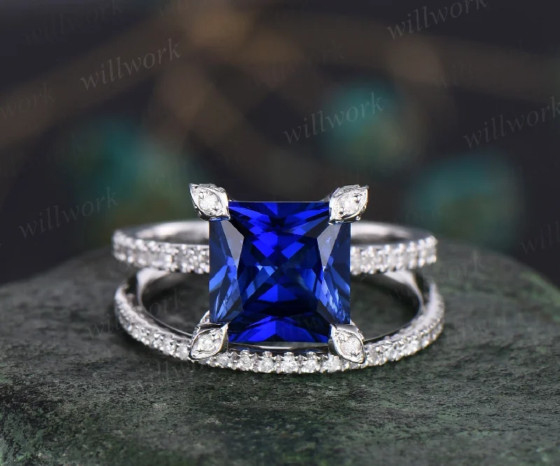 Princess cut sapphire ring vintage sapphire engagement ring set white gold art deco halo pyramid diamond ring unique bridal ring set women