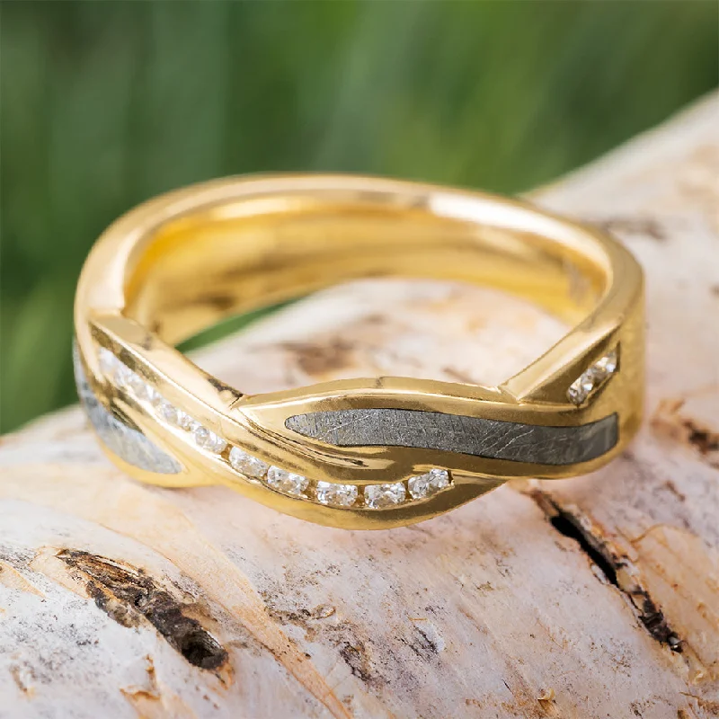 Classic Gold Wedding Band with Meteorite and Diamond Twist