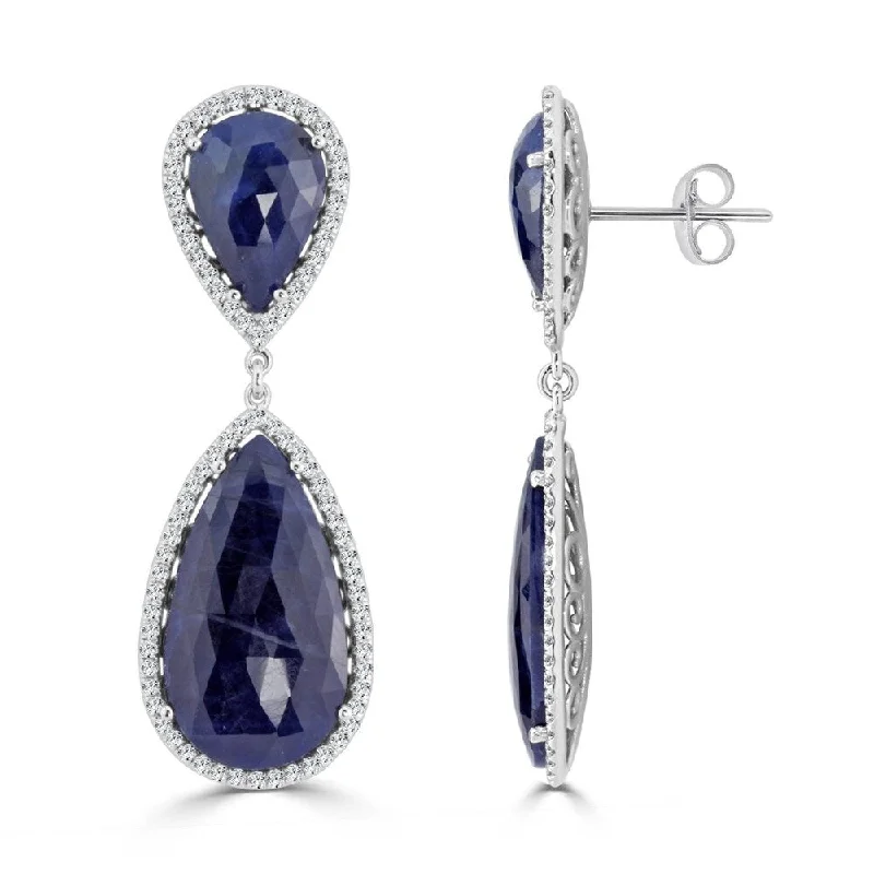 Auriya Fancy 47ct Pear Shaped Blue Sapphire and 2 1/4ctw Halo Diamond Drop Earrings 14K White Gold