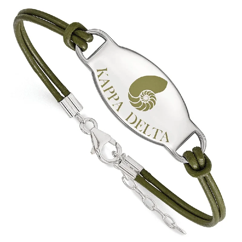 Sterling Silver Kappa Delta Enamel Olive Leather Bracelet - 7 in.