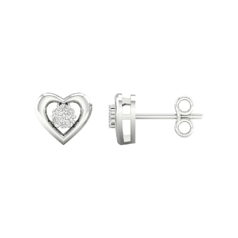 1/20ct TDW Diamond Cluster Heart Stud Earrings in Sterling Silver by De Couer