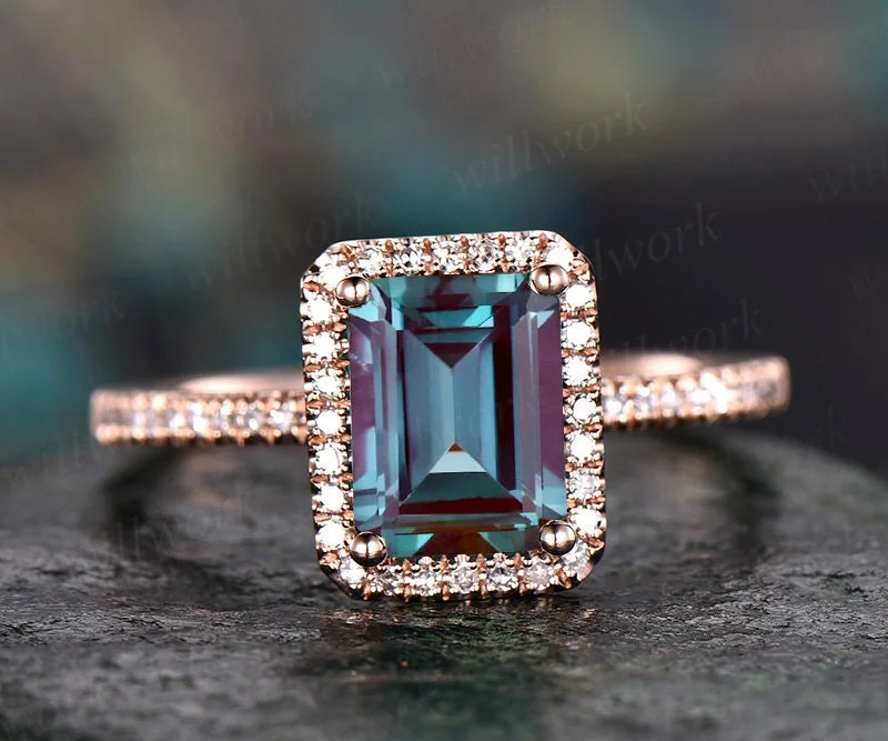 Vintage diamond halo ring 6x8mm emerald cut Alexandrite engagement ring rose gold color change Alexandrite ring June birthstone ring jewelry