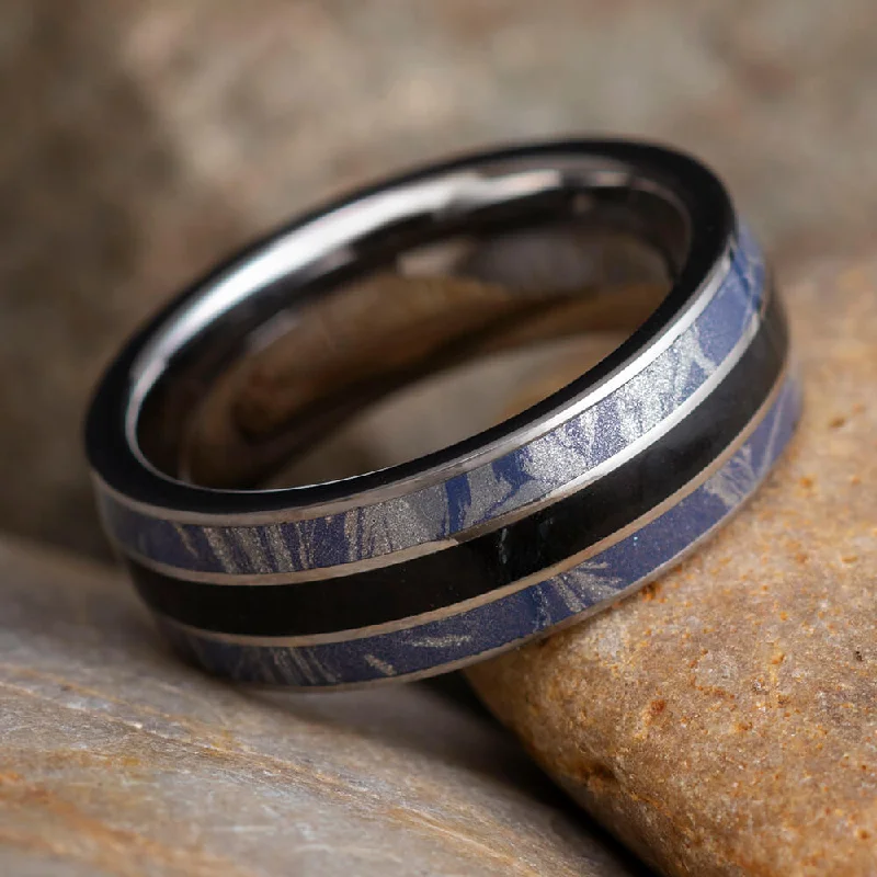 Black Jade Wedding Band with Blue and White Mokume