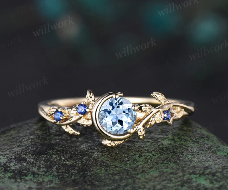 Moon Round cut aquamarine Engagement Ring 14k yellow gold leaf star sapphire ring vintage vine branch unique wedding ring women jewelry