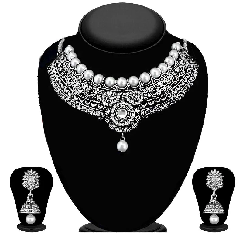 Kriaa Silver Plated Austrian Stone And Kundan Oxidised Choker Necklace Set - 1115304