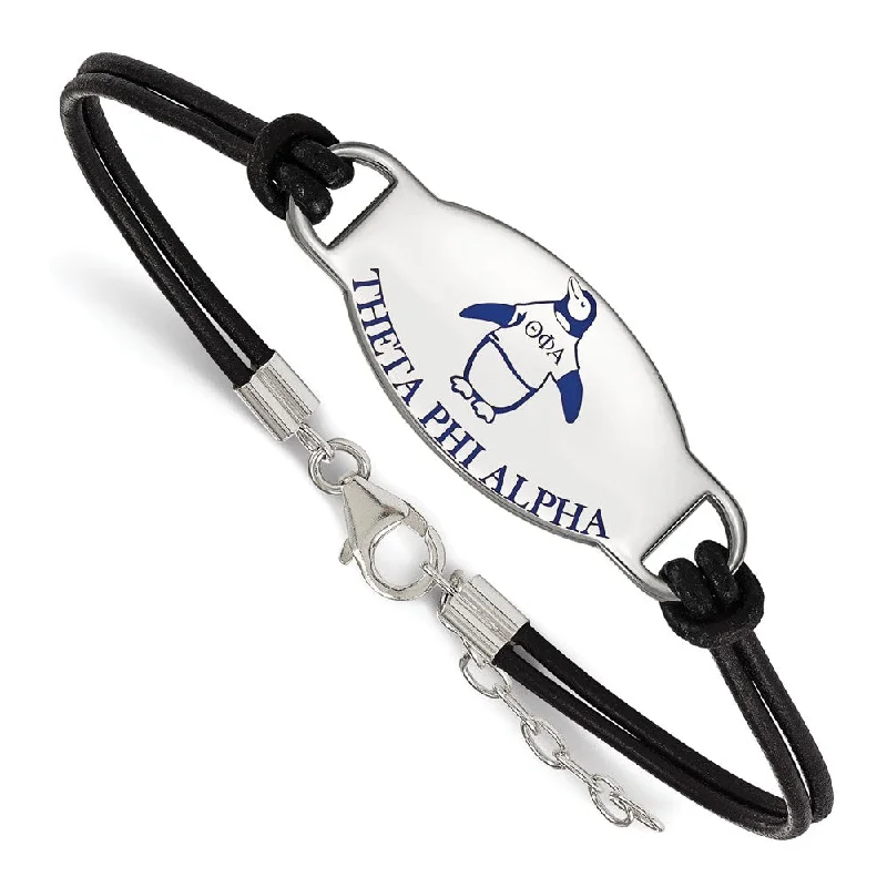 Sterling Silver Theta Phi Alpha Enamel Black Leather Bracelet - 7 in.