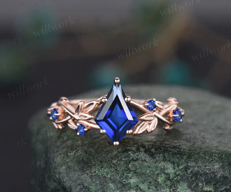 Twig Blue Sapphire ring vintage kite cut September Birthstone Blue Sapphire engagement ring nature inspired rose gold ring leaf women unique wedding ring