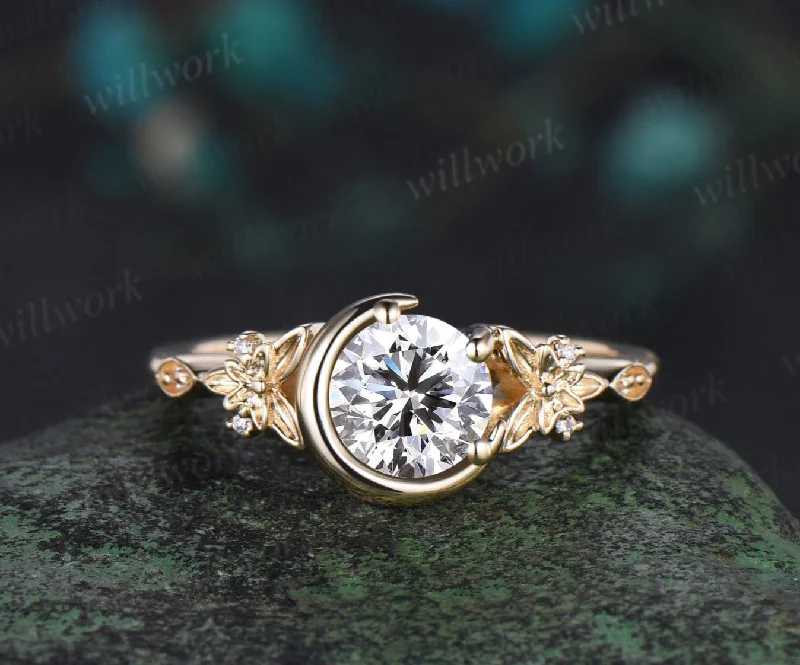 Vintage 1ct round cut Lab grown diamond engagement ring yellow gold Celtic knot moon butterfly unique anniversary wedding ring women