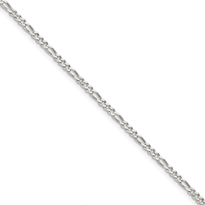 3mm Sterling Silver Solid Pave Flat Figaro Chain Bracelet