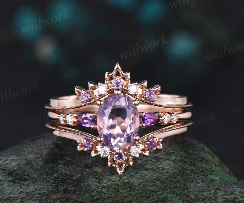 Oval cut Lavender Amethyst engagement ring 7 stone rose gold moissanite Crystal wedding band enhancer unique bridal set women