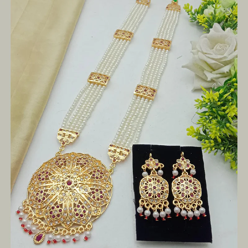 SP Jewellery Gold Plated Austrian Stone And Pearls Long Necklace Set