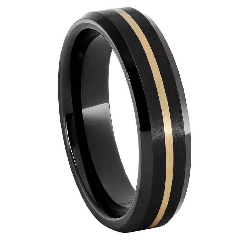 Centered Yellow Gold Pinstripe in Black Ceramic Ring