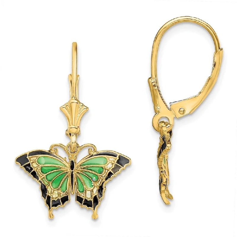 Diamond2Deal 14K Yellow Gold Butterfly with Green Enameled Wings Leverback Dangle Earrings (L- 1.05 Inch, W-0.68 Inch)