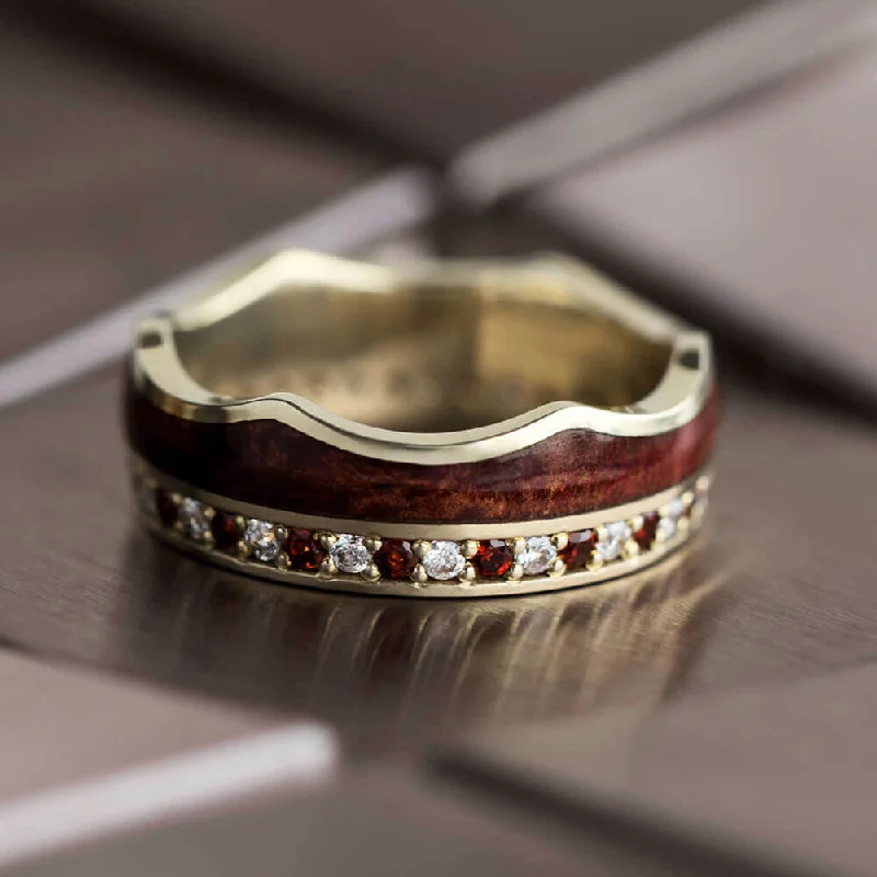 Crown Ring, Gemstone Eternity Wedding Band with Wood Inlay