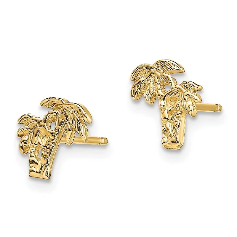 Diamond2Deal 14K Yellow Gold Mini Double Palm Tree Stud Earrings (L-7.2 mm, W-6.8 mm)