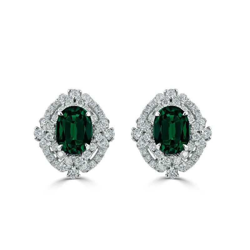 Auriya 2 1/4ct Vintage Oval-cut Emerald Halo Diamond Stud Earrings 5/8ctw 18k Gold