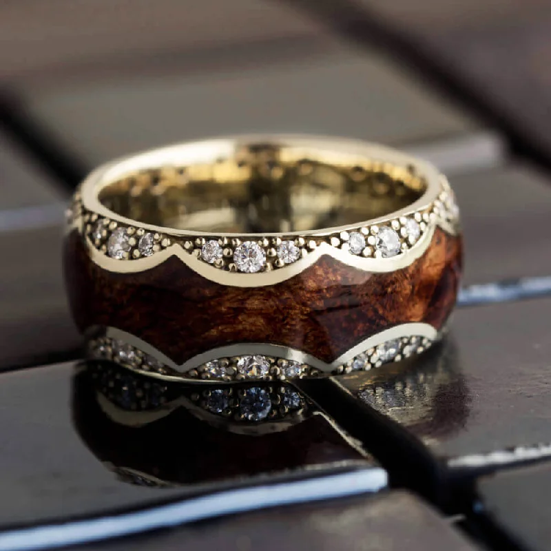 Unique Diamond Wedding Band, Gold Ring with Mesquite Burl Wood