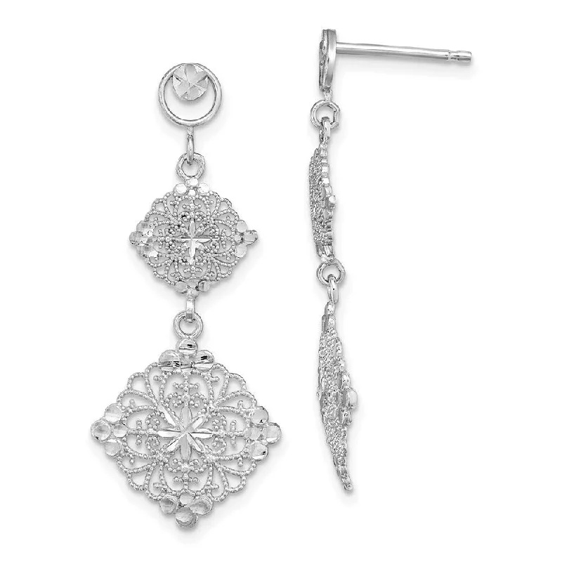 14K White Gold Diamond Cut Filigree Medallion Drop Earrings (L-38 mm, W-15 mm)