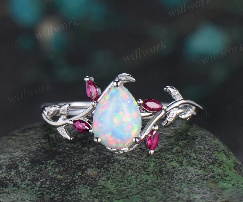 Pear shaped opal engagement ring white gold leaf branch marquise ruby wedding anniversary ring women gift