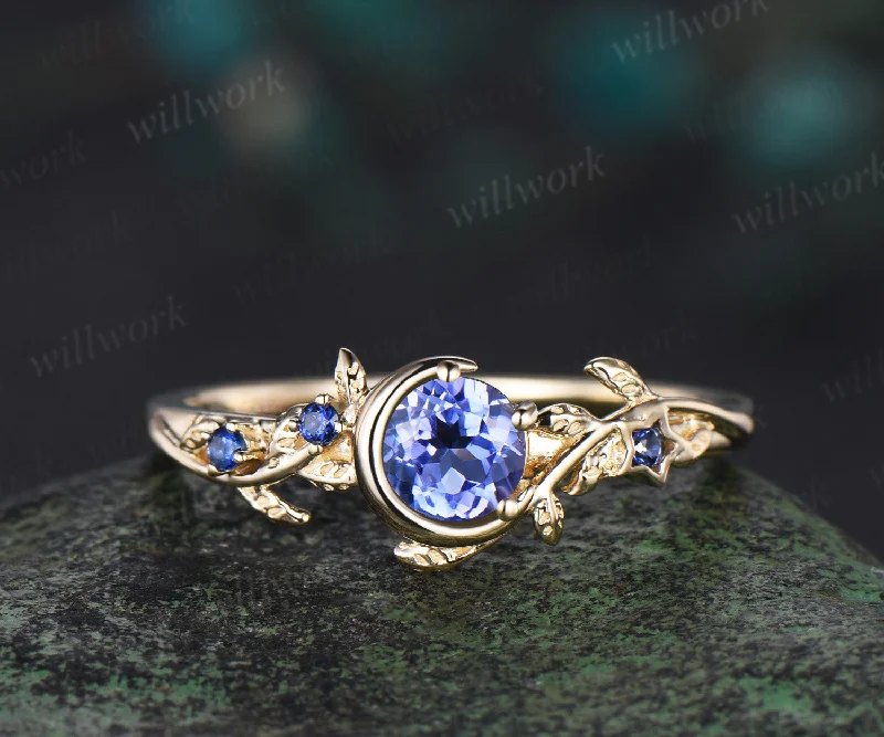 Moon Round cut natural Tanzanite Engagement Ring 14k yellow gold leaf star sapphire ring vintage vine branch unique wedding ring women jewelry