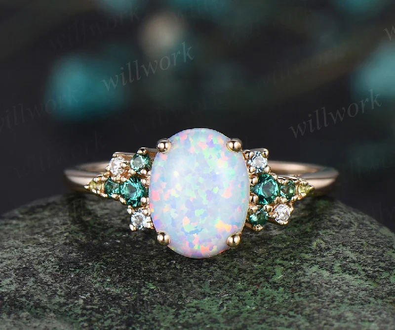 Vintage opal emerald engagement ring rose gold cluster snowdrift peridot topaz ring women gemstone ring unique bridal promise wedding ring