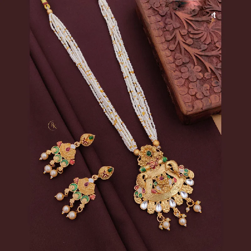 Akruti Collection Gold Plated Pota Stone And Pearls Long Necklace Set