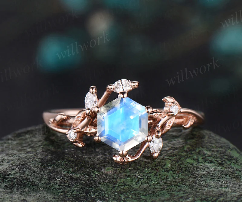 Hexagon cut moonstone ring rose gold vintage leaf nature inspired cluster engagement ring twisted diamond wedding ring gift