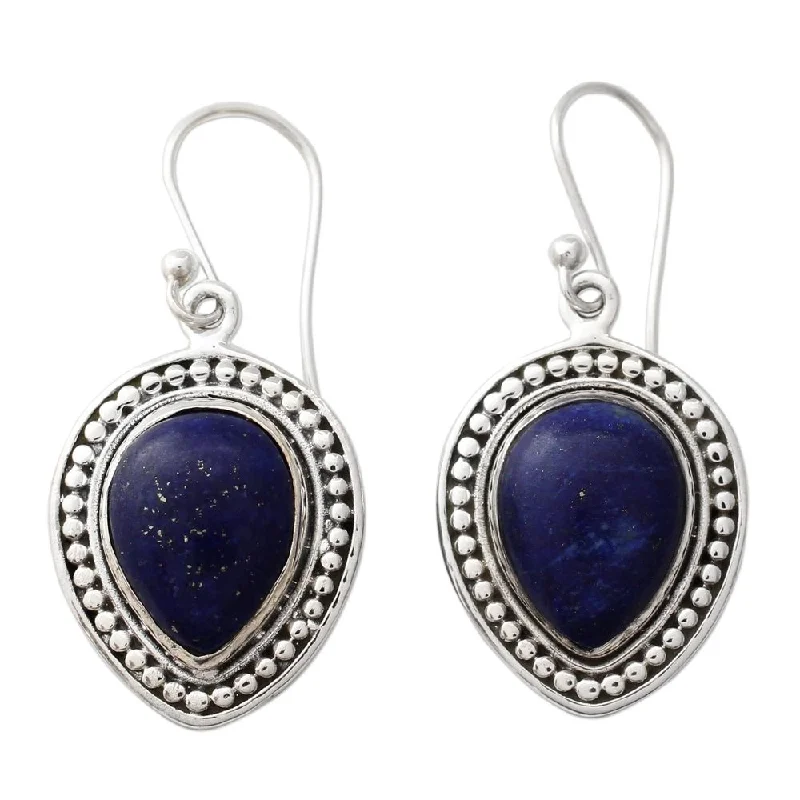 Handmade Sterling Silver 'Royal Droplets' Lapis Lazuli Earrings (India) - Blue