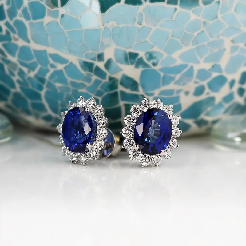 Auriya Fancy 10 3/4ct Royal Blue Sapphire Oval and 2 3/8ctw Halo Diamond Stud Earrings 18K Gold