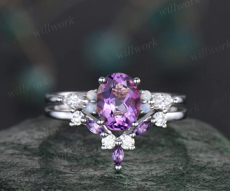 Vintage oval cut amethyst engagement ring white gold opal ring silver moissanite promise wedding bridal ring set women purple gemstone gift