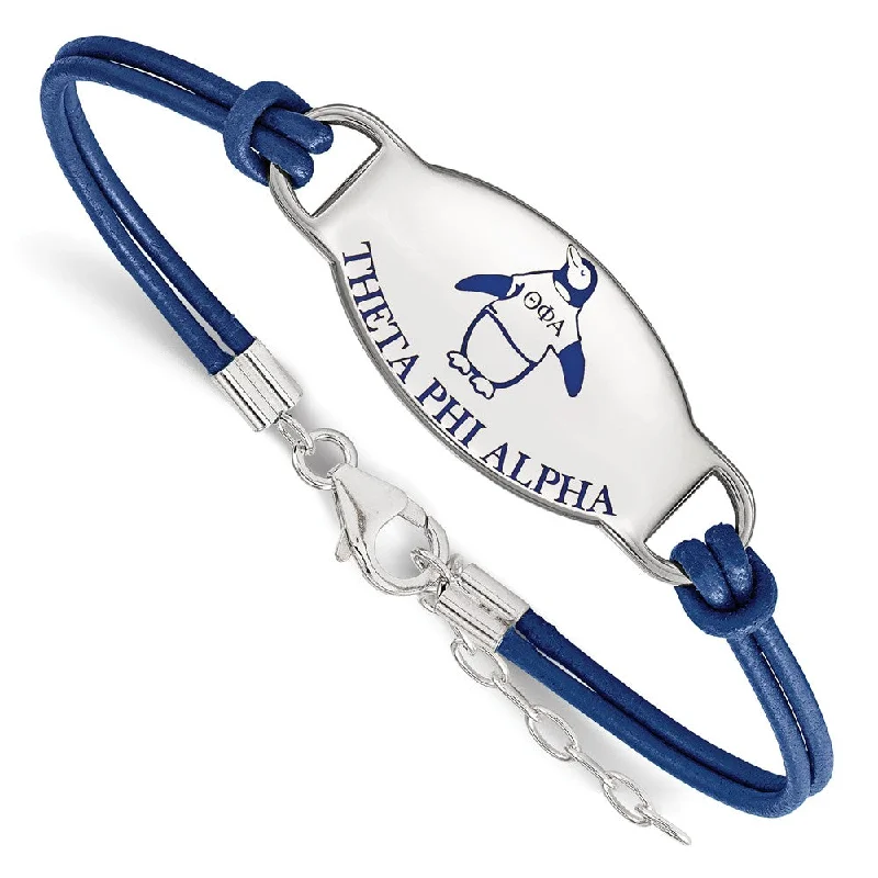 Sterling Silver Theta Phi Alpha Enamel Blue Leather Bracelet - 7 in.