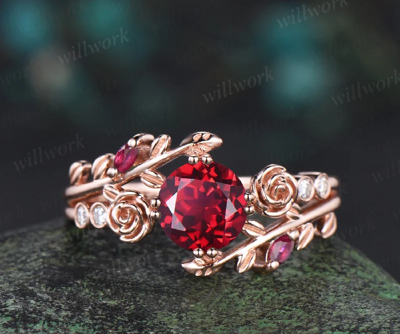 Round cut red ruby engagement ring 14k rose gold leaf floral bezel diamond ring vintage split shank 8 prong wedding ring women