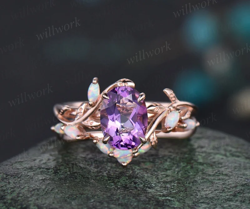 Oval cut purple amethyst ring vintage five stone opal ring rose gold leaf nature inspired engagement ring twisted wedding ring set women