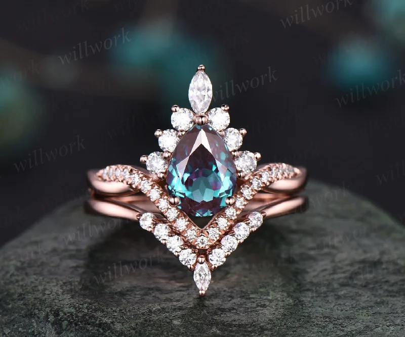 Pear shaped Alexandrite engagement ring set14k rose gold Art deco halo unique vintage engagement ring infinity moissanite ring for women